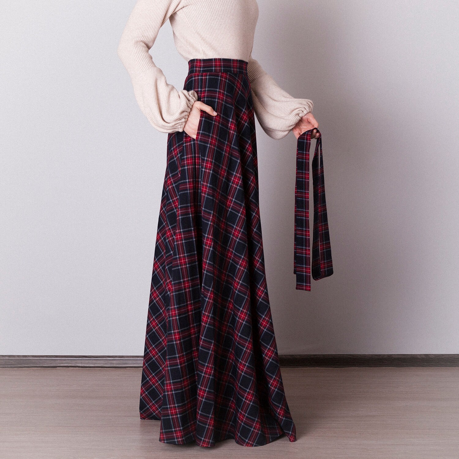 Flared Black Plaid Skirt With Pockets. Long Black Tartan Skirt With Sash. Womens Winter Skirt Etsy