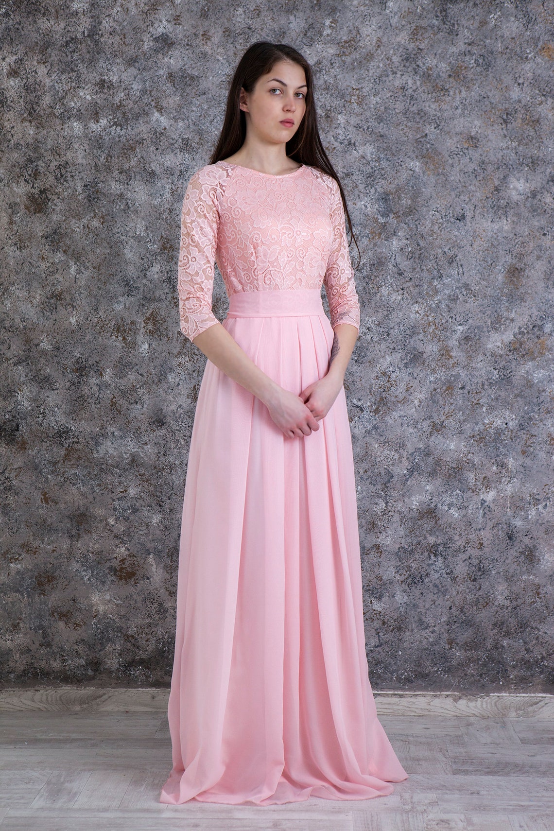 Blush pink bridesmaid dress long. Modest wedding dress with | Etsy