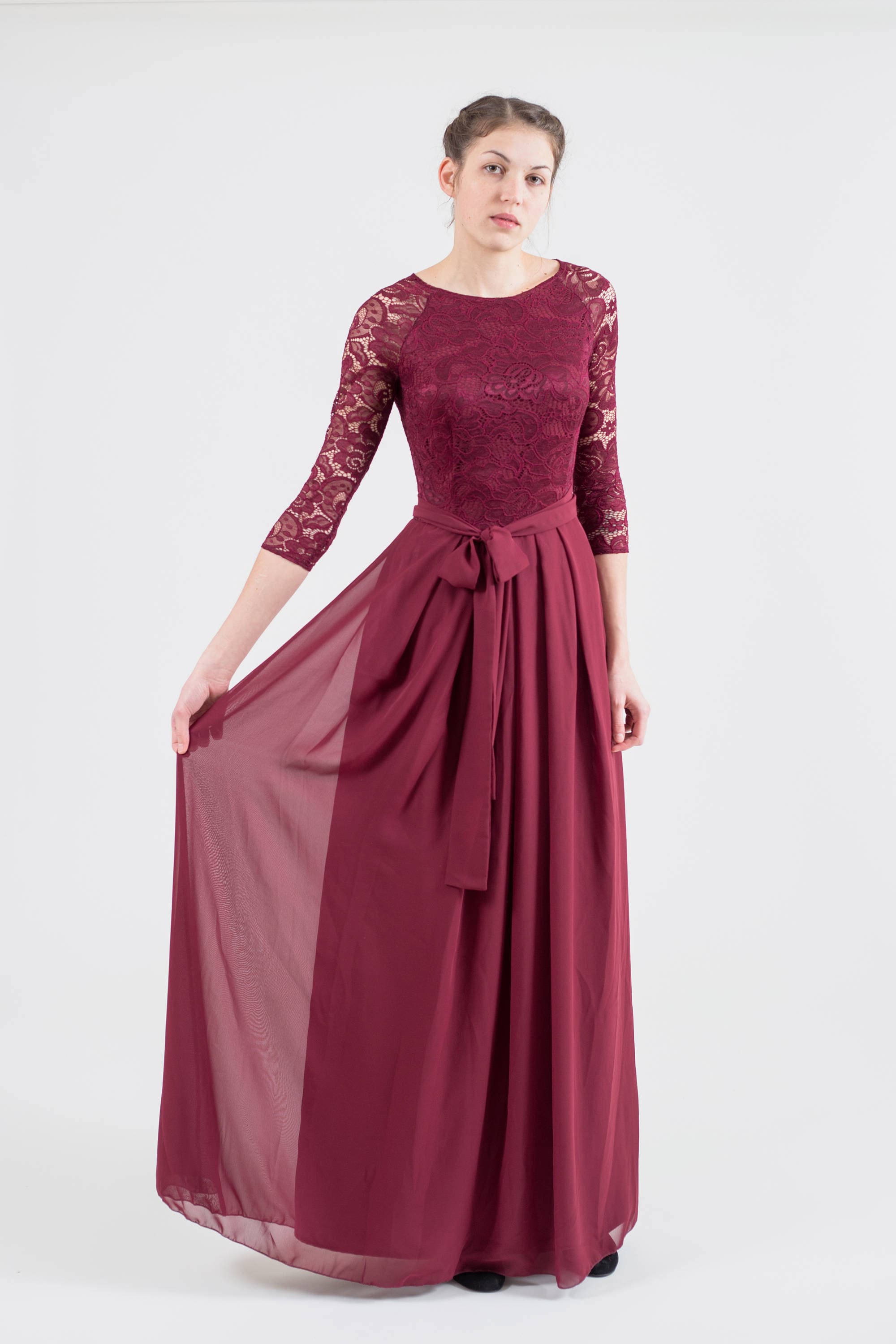 Long burgundy bridesmaid  dress  with sleeves Modest lace 