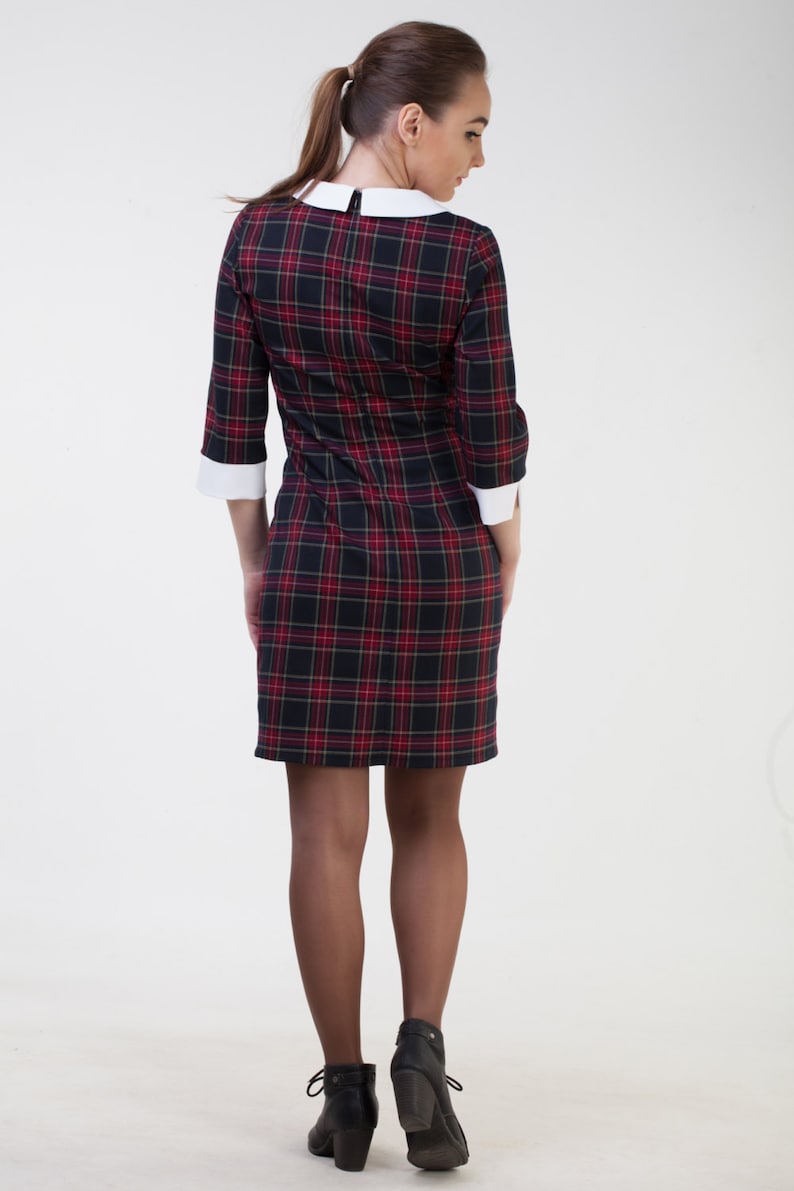Cute Black Plaid Dress Midi Black Dress White Collar Black Etsy