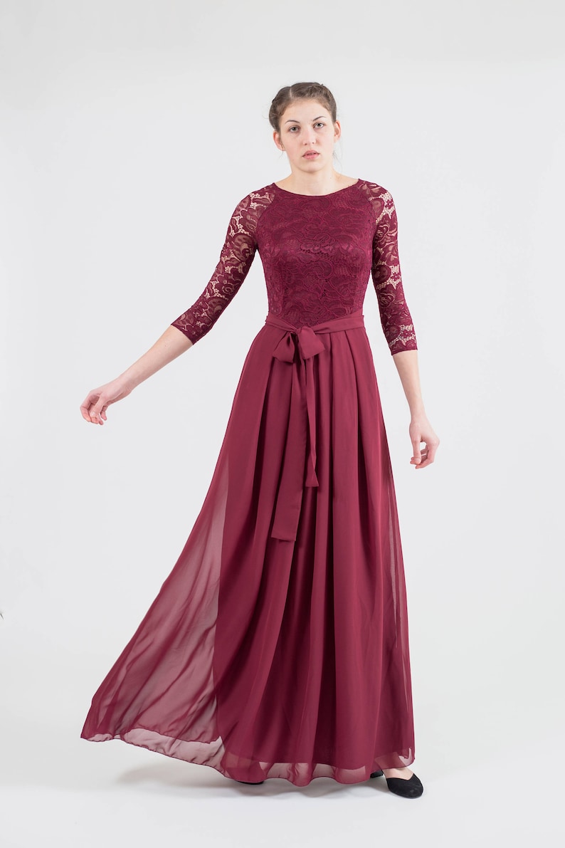 Long burgundy bridesmaid dress with sleeves. Modest lace Etsy