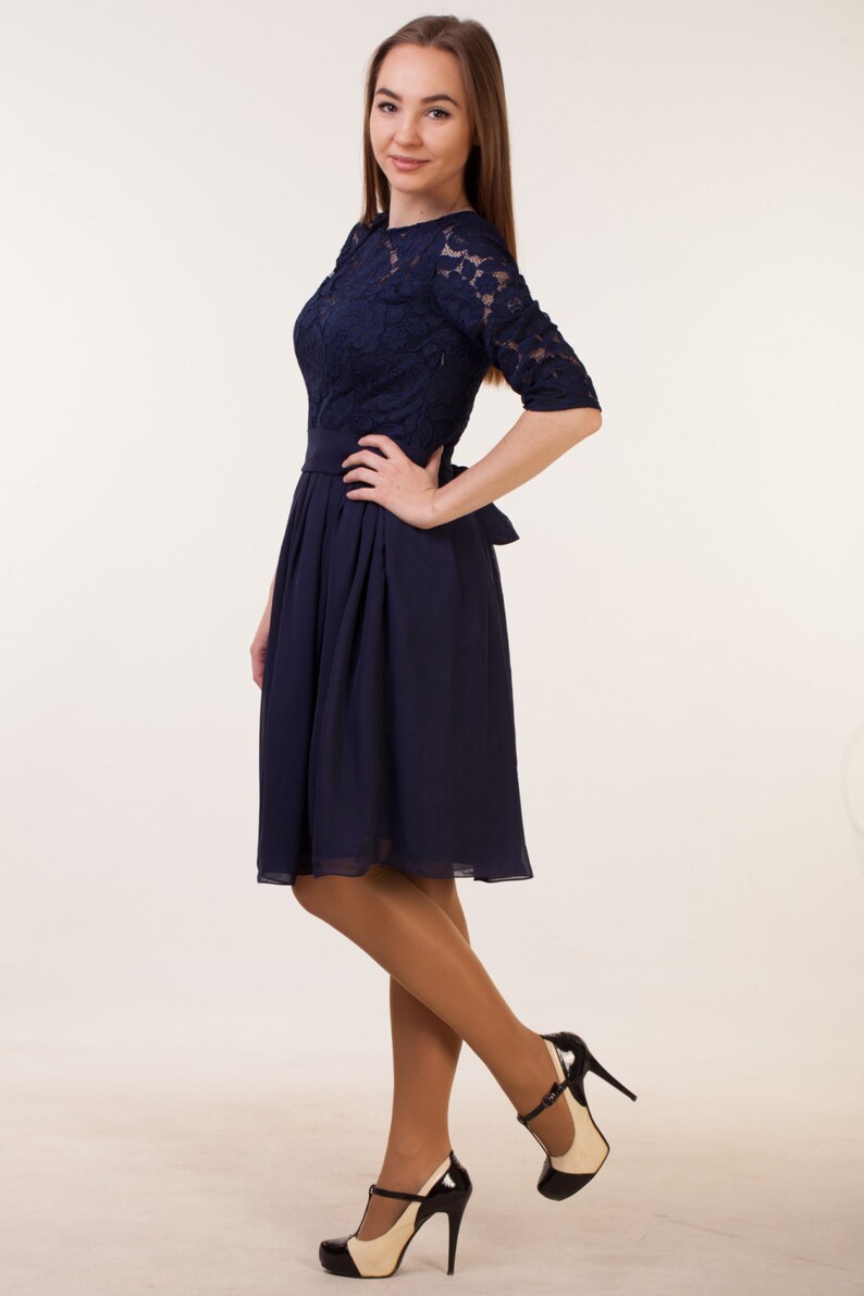 Short navy blue dress with sleeves. Navy bridesmaid knee Etsy