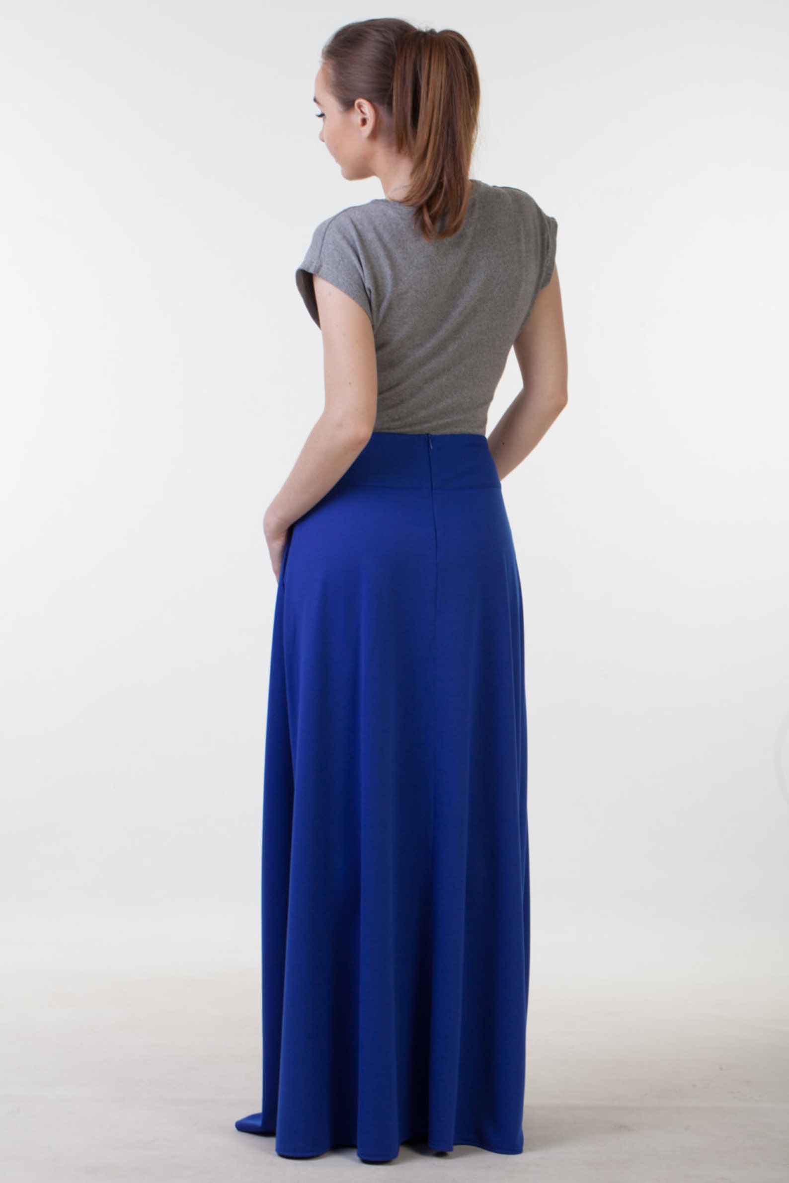 Long Blue Skirt With Pockets Office Skirt Long Autumn Skirt Etsy