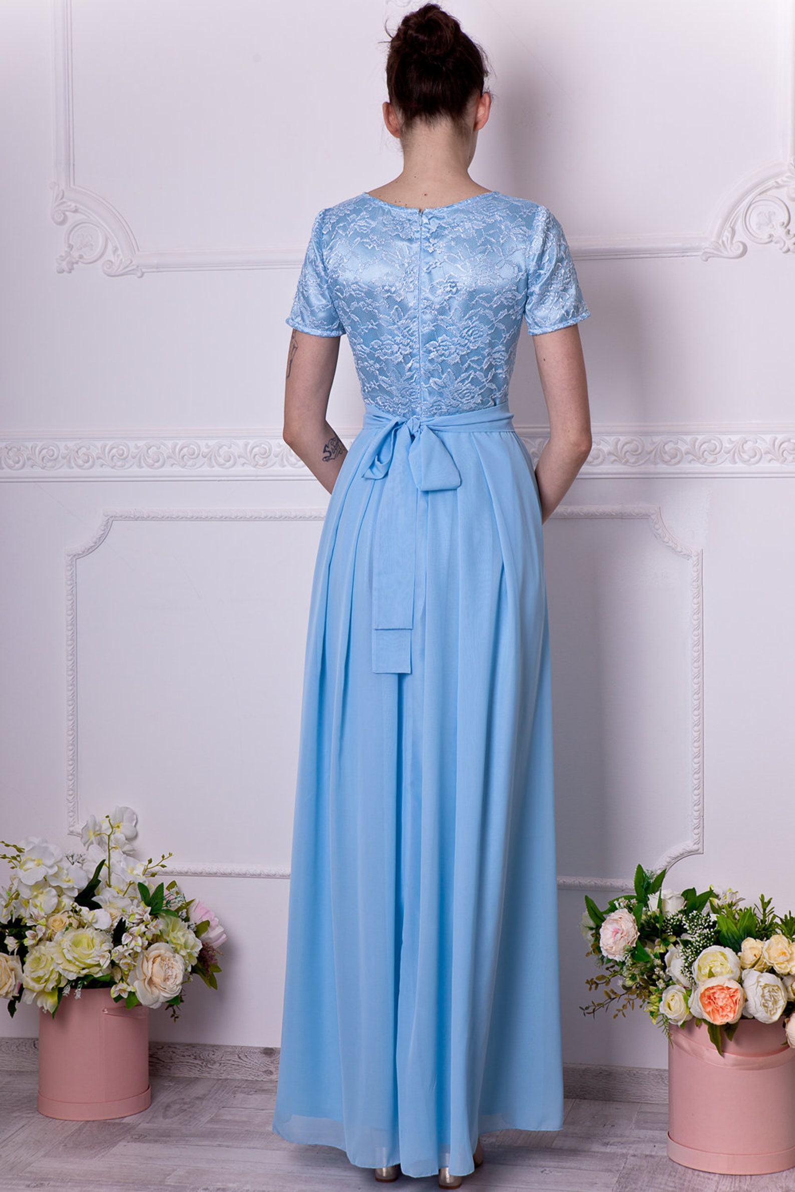 dress cover shoulders COVERED SHOULDER Size:FR34 - US2 - UK6 INV-376747 Light Blue Bow Maxi