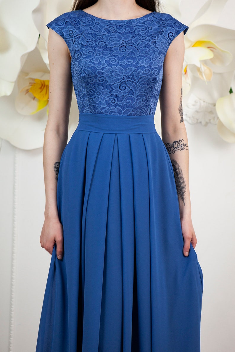 Long riverside blue bridesmaid dress with cap sleeves Modest lace dress floor length Blue prom dress with sash