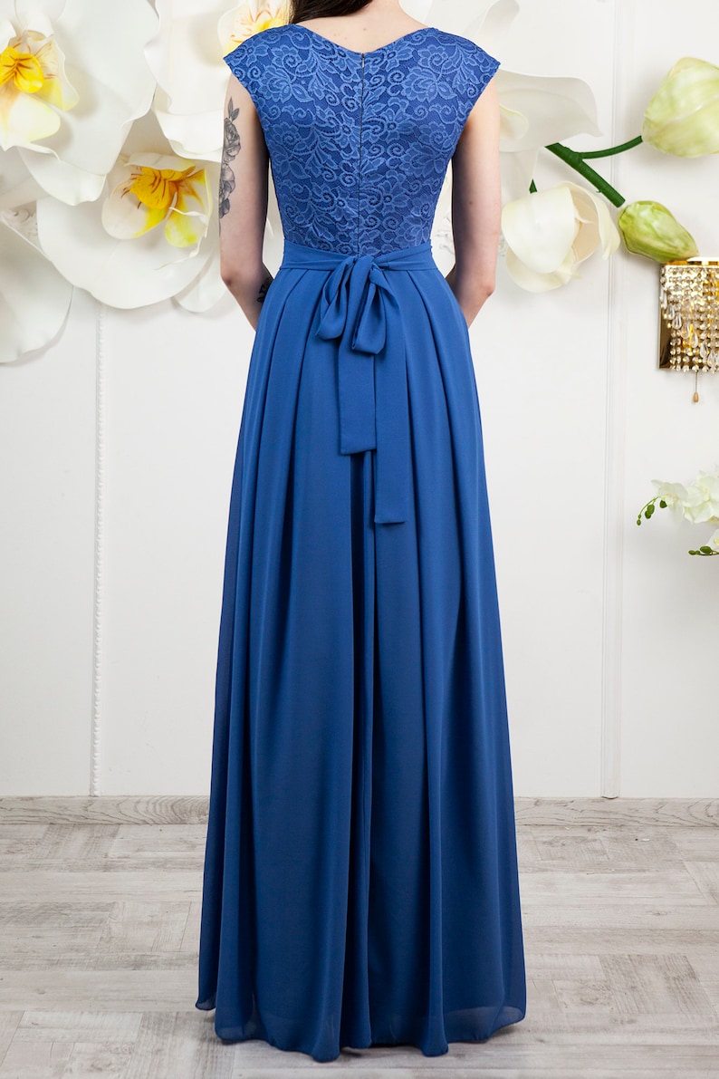 Long riverside blue bridesmaid dress with cap sleeves Modest lace dress floor length Blue prom dress with sash