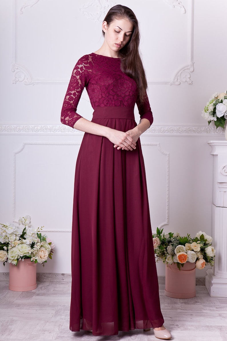 Burgundy bridesmaid  dress  long Floral lace formal  gown 