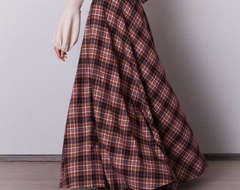 Flared brown plaid skirt with pockets. Long brown tartan skirt with sash. Wool winter skirt women