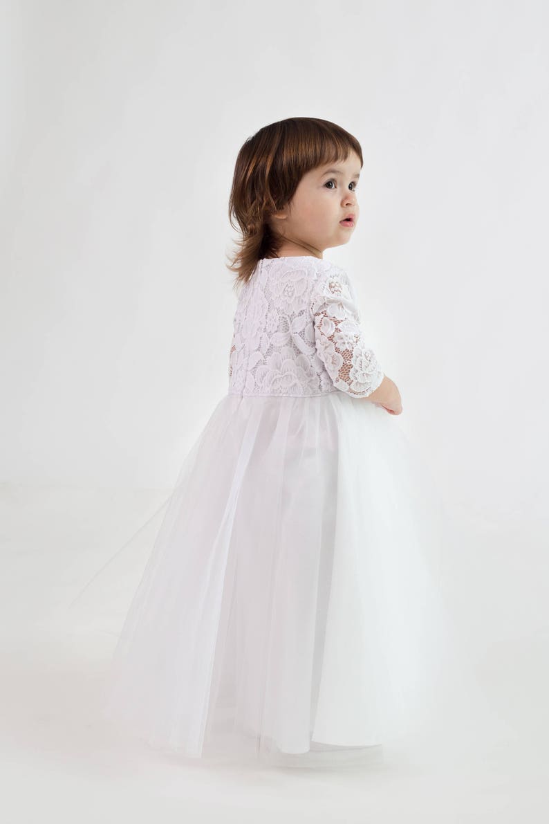 White flower girl dress burgundy sash. Lace and tulle flower Etsy