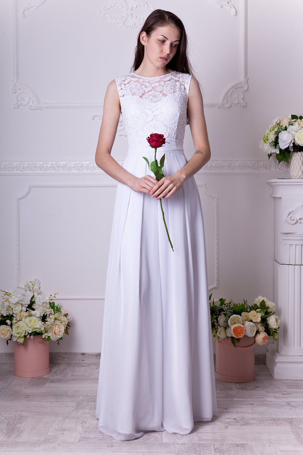 White Lace Wedding Dress Under 100. Inexpensive Long Floral - Etsy