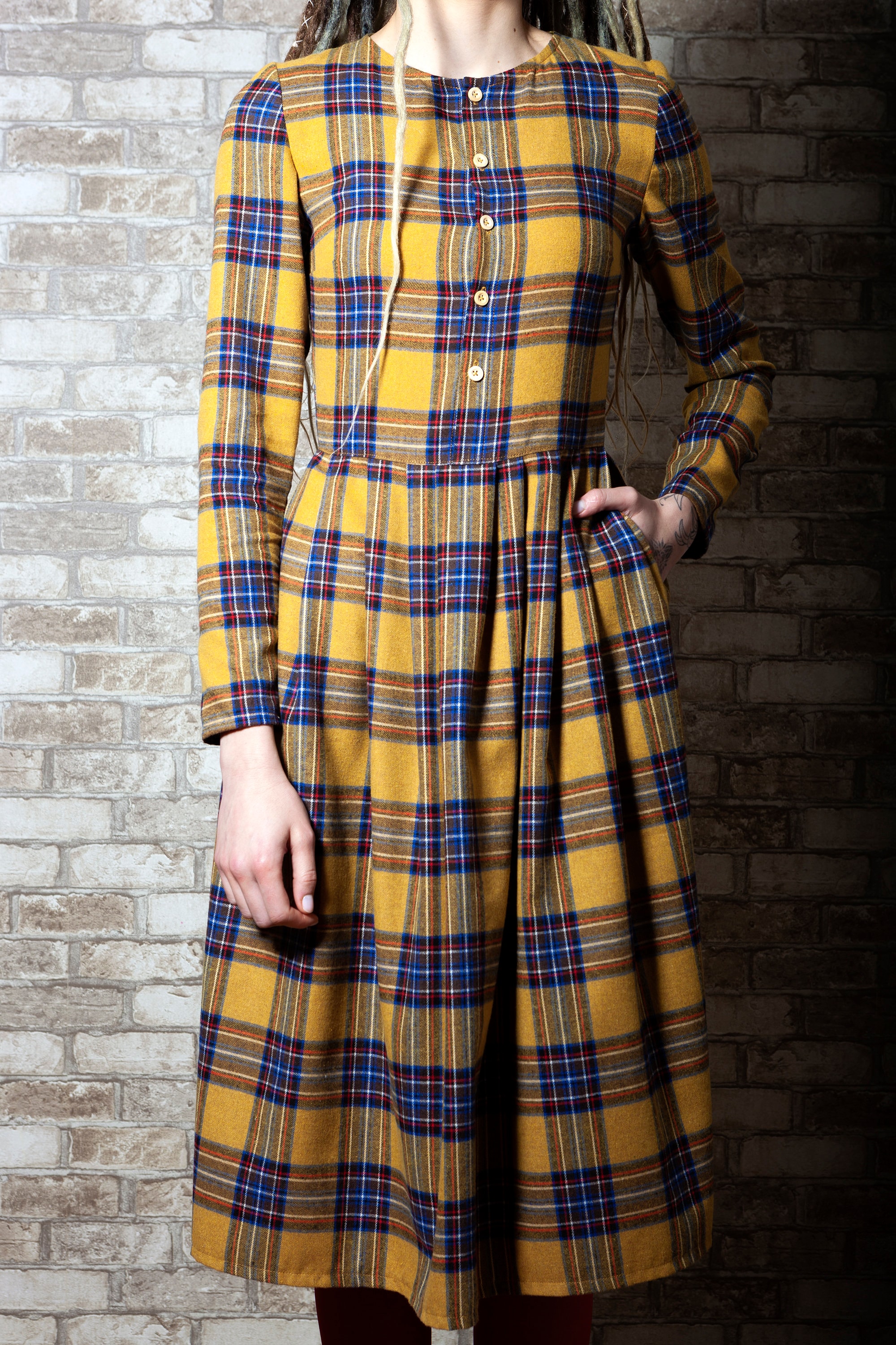 Yellow Plaid Dress With Pockets. Yellow Tatan Dress Women. Plaid