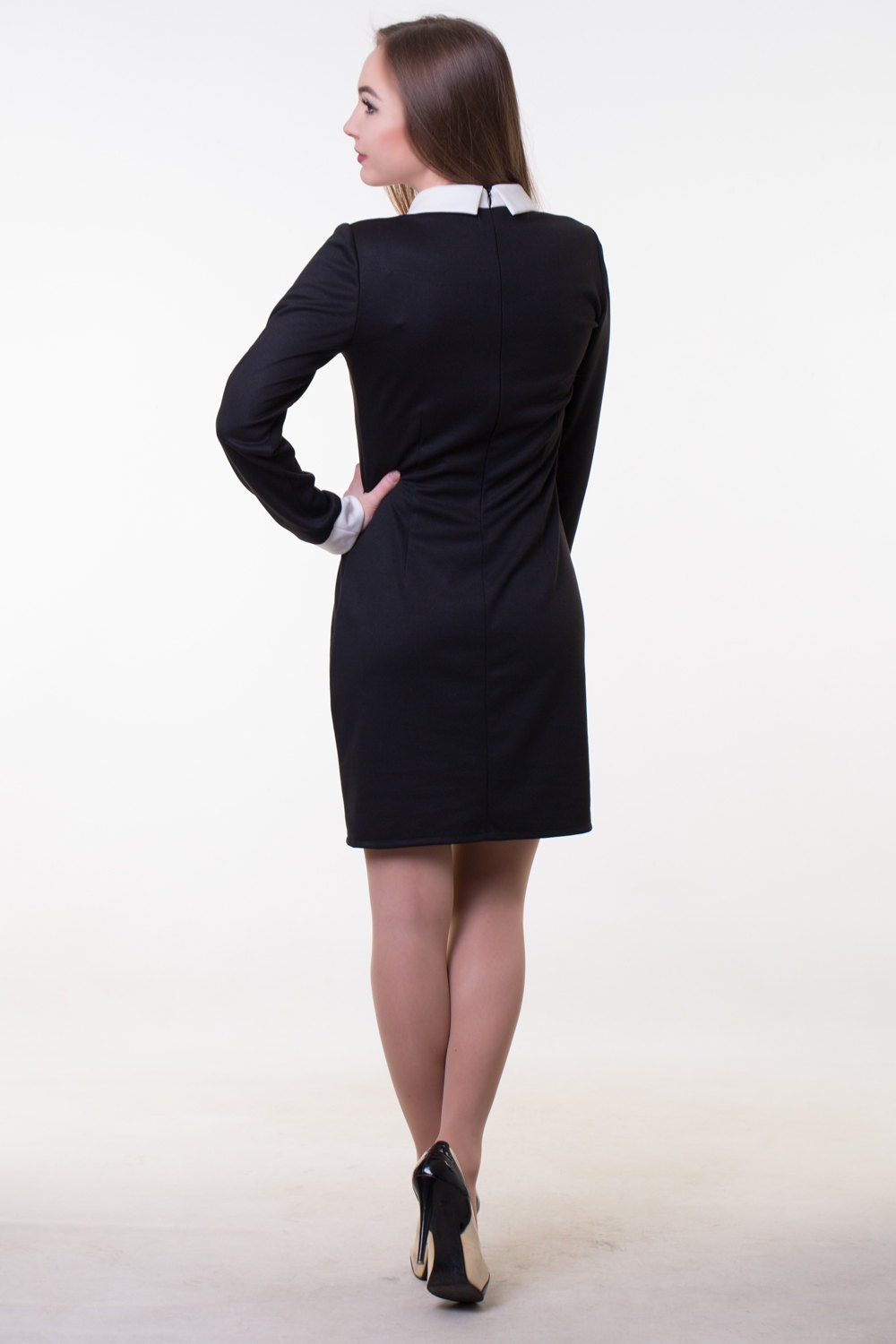 Midi Black Dress White Collar Classic Pencil Dress Black - Etsy