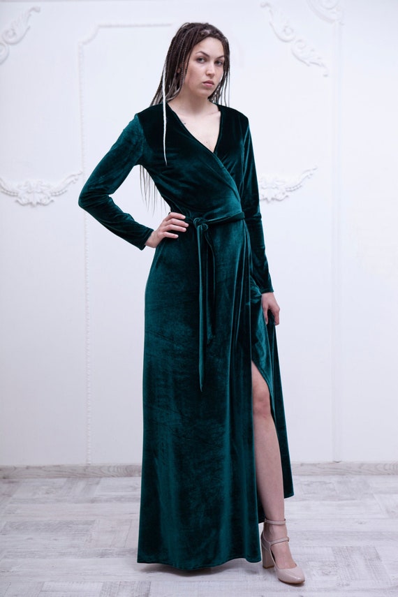 floor length green velvet dress