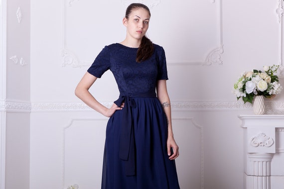 Navy lace top bridesmaid dresses