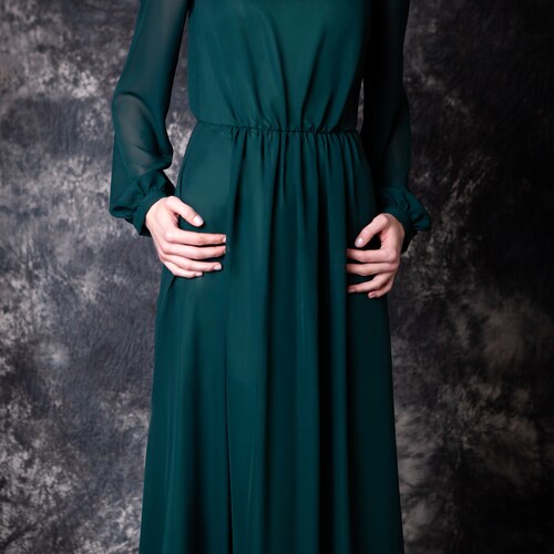 Dark green chiffon bridesmaid dress long sleeves. Formal evening gown - shops available 90+ colors