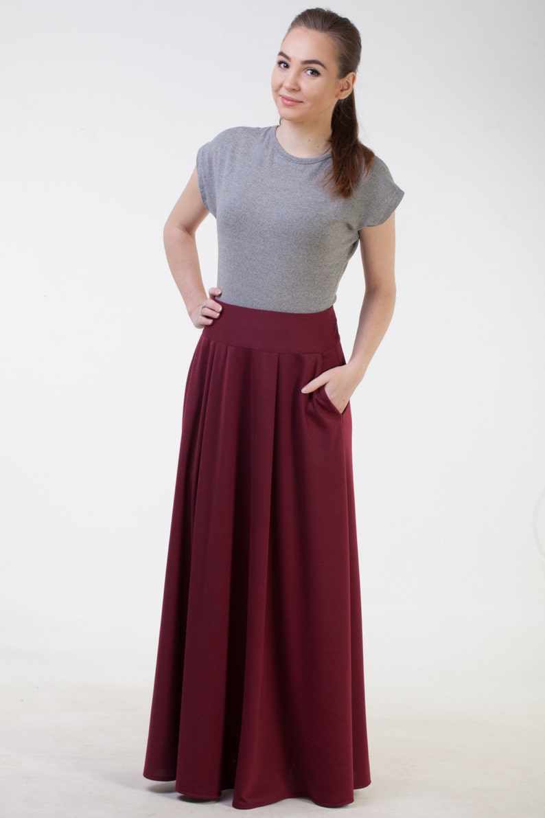 Burgundy Long Skirt With Pockets Maxi Burgundy Skirt Office Etsy