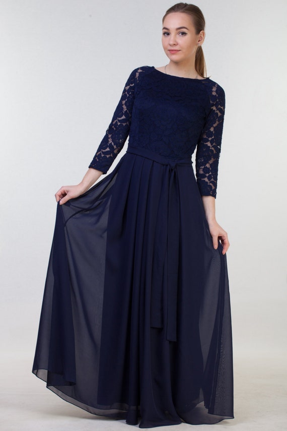 Long navy  blue  bridesmaid  dress  with sleeves Modest lace 