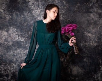 Dark green chiffon bridesmaid dress long sleeves. Formal evening gown - available 90+ colors