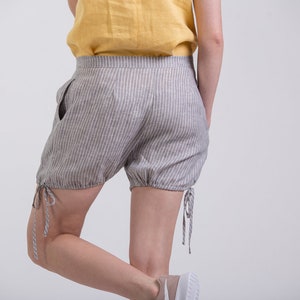 Striped linen shorts with pockets. Mini linen bubble shorts. Women summer shorts bohemian. Linen clothing for beach for women 20 colors image 2