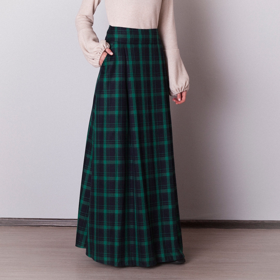 Black and Green Plaid Skirt With Floor Length Green