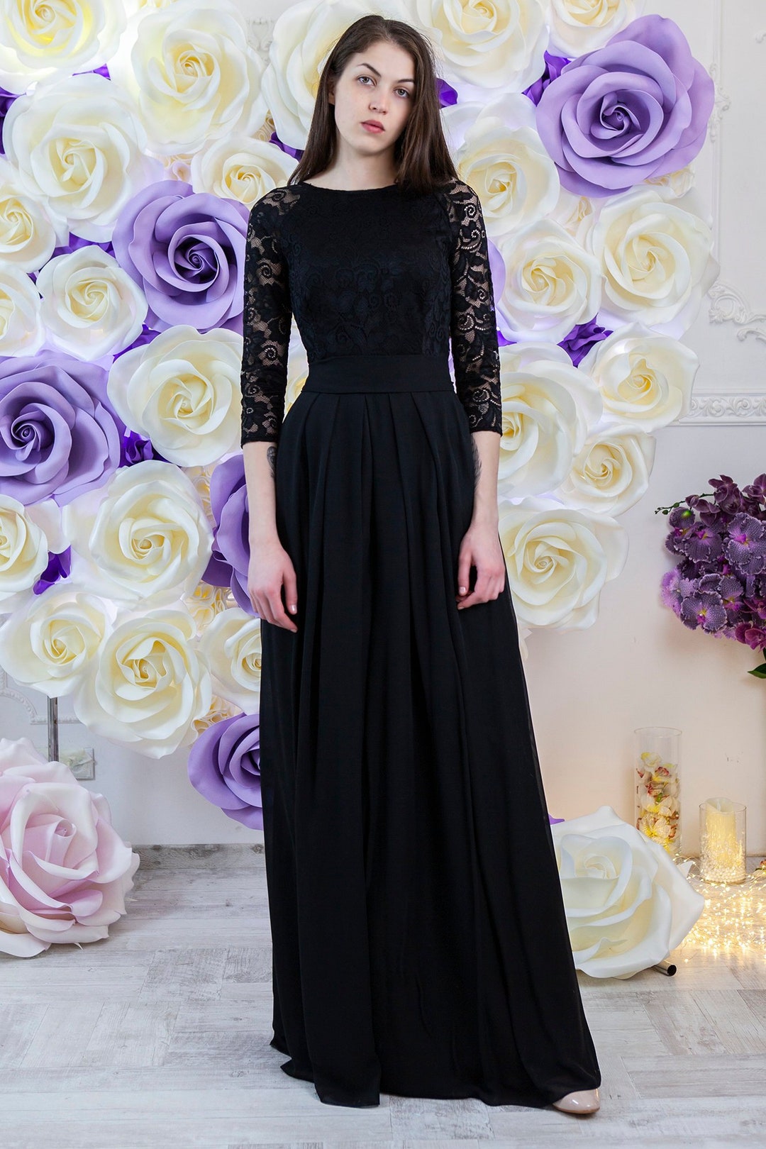 Bridesmaid Dress Black. Long Lace Dress With Sleeves. Modest Evening ...