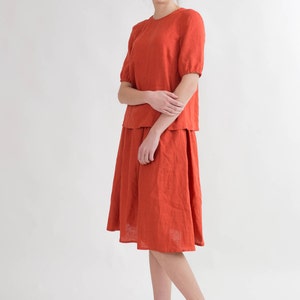 Midi linen skirt with pockets. Women elastic waist linen skirt. Red casual plus size skirt. Natural linen clothing women 20 colors image 4