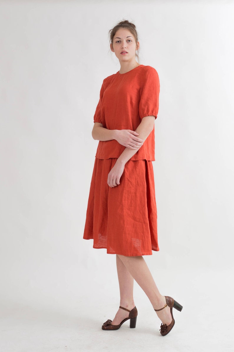 Midi linen skirt with pockets. Women elastic waist linen skirt. Red casual plus size skirt. Natural linen clothing women 20 colors image 4