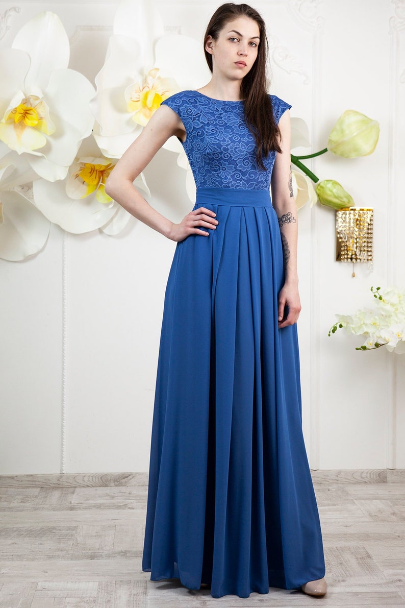 Long riverside blue bridesmaid dress with cap sleeves Modest lace dress floor length Blue prom dress with sash