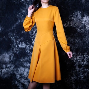 Mustard dress vintage style. Midi casual dress long sleeves - available in 50+ colors