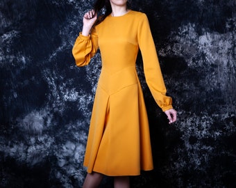 Mustard dress vintage style. Midi casual dress long sleeves - available in 50+ colors