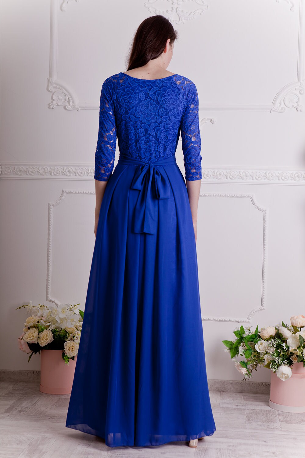 Cobalt Blue Bridesmaid Dress Long. Floral Lace Formal Gown Etsy