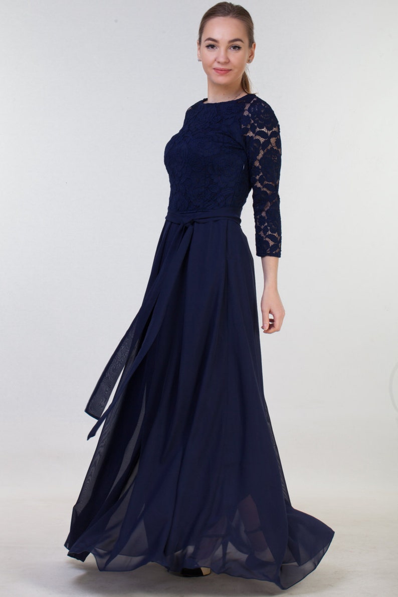 Long navy blue bridesmaid dress with sleeves. Modest lace prom | Etsy