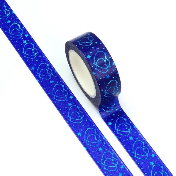 Dark Blue Foil Heart Washi Tape, Blue Foiled Heart Planner Tape