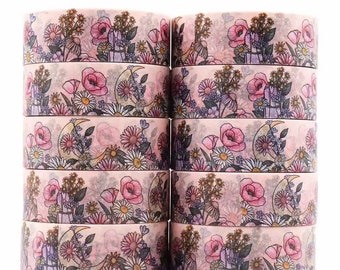 Pink Poppy & Dasies Washi Tape,Floral Celestial Moon Decorative Tape