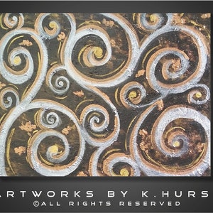 Modern Original black silver gold metallic abstract swirls painting