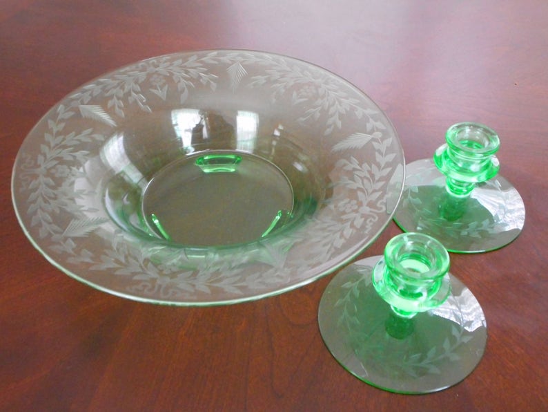 Antique Elegant Glass Etched Bowl Candle Holder Set Lot Etsy