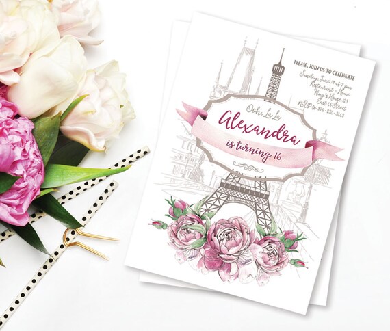 Paryż Urodziny Zaproszenie Wieża Eiffla Zaprosić Francuski Etsy