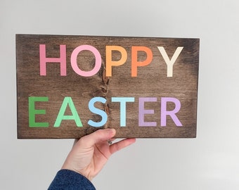 Hoppy Easter sign | Happy Easter | pastel rainbow sign | easter decor | bunny decor | boho farmhouse decor | bunny sign