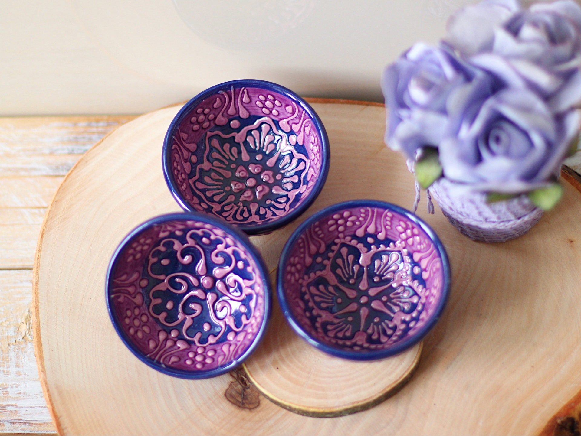 Set of saucers 3 pieces purple bowl purple plate pottery Etsy
