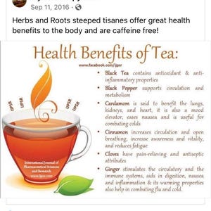 Könnte beinhalten: Eine Infografik mit dem Titel Health Benefits of Tea zeigt eine Tasse mit orangefarbenem Tee, eine stilisierte Flamme und ein grünes Blatt. Der Text listet gesundheitliche Vorteile von schwarzem Tee, Pfeffer, Kardamom, Zimt, Nelken und Ingwer auf.