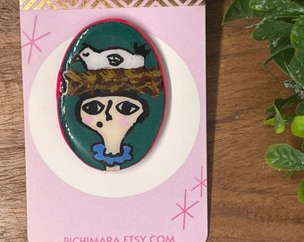 Hand-painted Chicken Hat Lady Pin, polymer clay, brooch