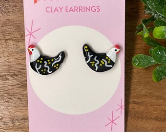 Hand-painted Chicken Studs, clay earrings, polymer clay, cottagecore, farm earrings