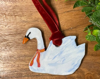 Hand-painted Swan ornament, Christmas ornament, polymer clay