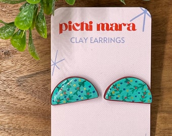 Hand-painted Half-moon studs, clay earrings, polymer clay, unique earrings, floral