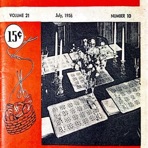 May include: The Workbasket magazine cover from July 1956, featuring a red and black design. The cover includes the magazine title, issue details, and a table setting with a luncheon set and other needlecraft projects.