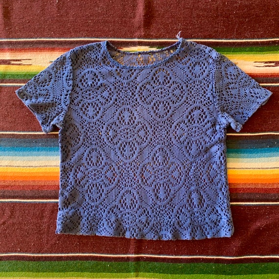 Vintage 1970s handmade navy blue cotton lace crop… - image 1