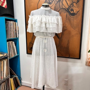 1970s white floral prairie dress