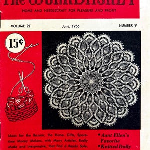 May include: A vintage magazine cover for "The Workbasket", with a red background and white text. It showcases a white lace doily on a black background, plus illustrations of knitting tools and a basket. Published June 1956.