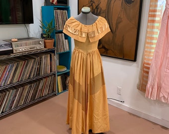 1950s vintage mustard color satin and taffeta party dress