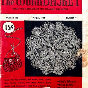 May include: A vintage copy of "The Workbasket" magazine from August 1956. The cover is red and features a white lace doily on a black background. Text includes "Home and Needlecraft for Pleasure and Profit."
